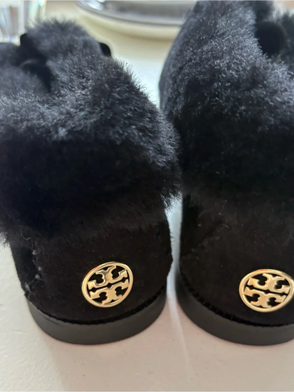 Tory Burch Black Fur-Trim Ankle Booties with Gold Logo
